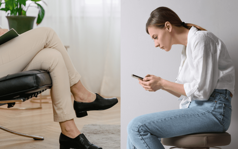 Son dos imágenes. En la primera aparecen unas piernas de mujer, la mujer está sentada y las piernas, cruzadas. En la otra imagen parece una mujer sentada que está mirando el móvil en posición encorvada.